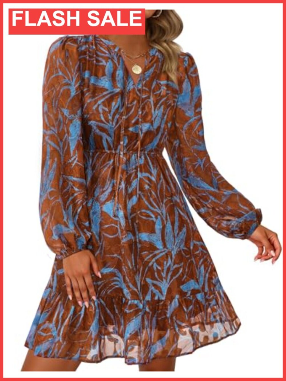 Women's Floral V-Neck Long Sleeve Mini Dress with Ruffle